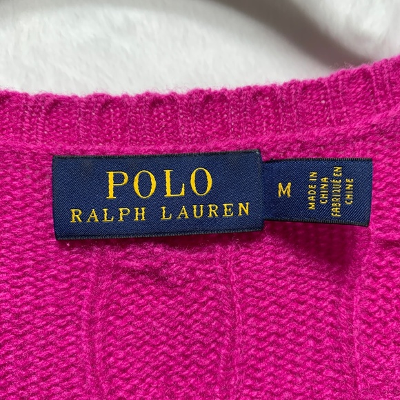 Polo Ralph Lauren Wool Cashmere Blend V-Neck Cable Knit Sweater Magenta Sz M - Picture 6 of 9